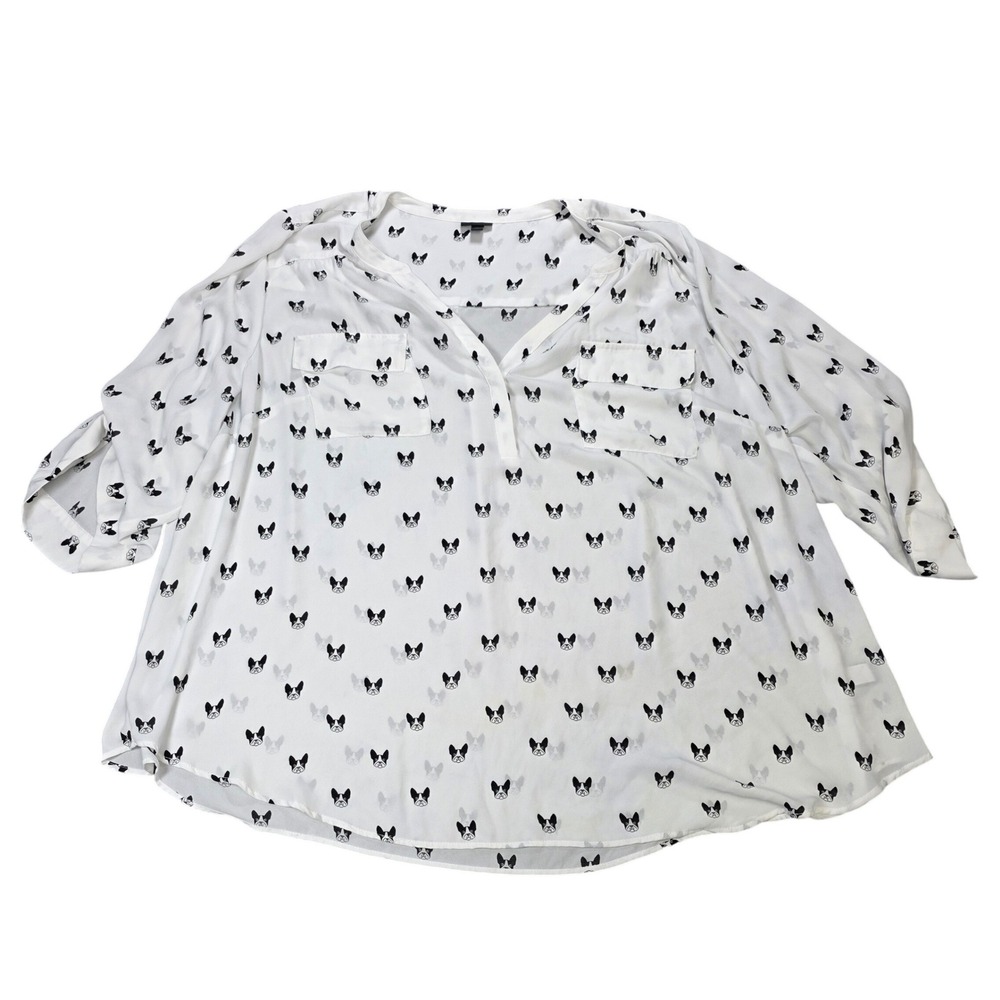Torrid French Bulldog Print Chiffon Blouse Women's Size 5 White Black Roll Tab